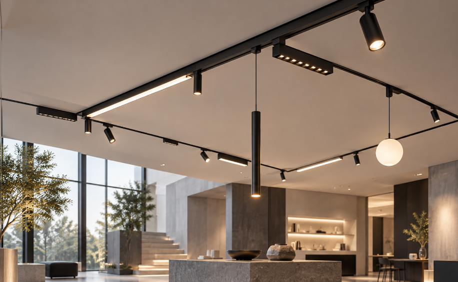 48V magnetic track lighting system installed in a contemporary interior